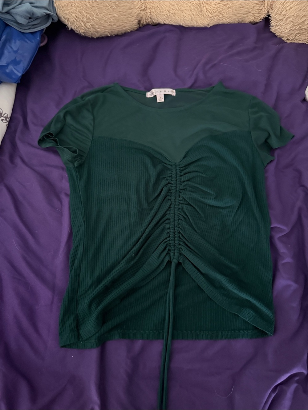 Crave Fame Dark Green Ruched Front Short Sleeve Top